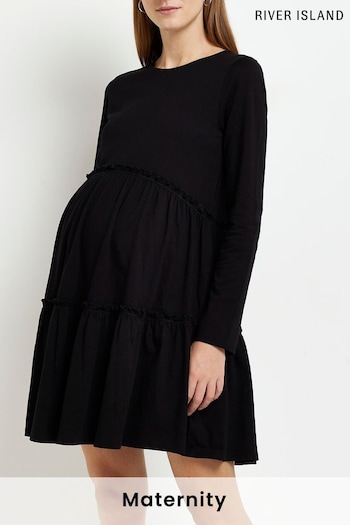 River Island Maternity Black Long Sleeves Tiered Smock Black Dress (U87651) | £26