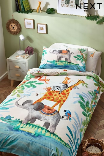 Multi Jungle Print 100% Cotton Duvet Cover and Pillowcase Set (U87815) | £24 - £26