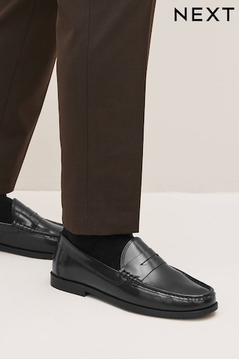 Black Regular Fit Leather Penny Loafers (U88249) | £55