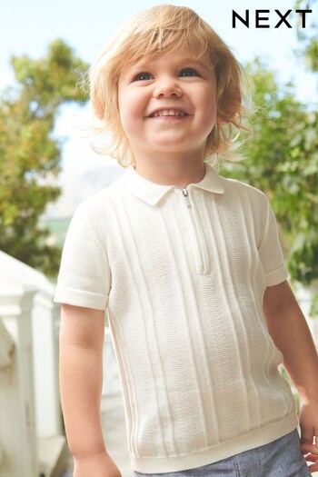 White Knitted Short Sleeve Textured Zip Neck Polo Shirt (3mths-7yrs) (U88876) | £13 - £15