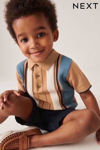 Brown/Navy Blue Knitted Vertical Patterned Short Sleeve eva Polo Shirt (3mths-7yrs) (U88877) | £13 - £15
