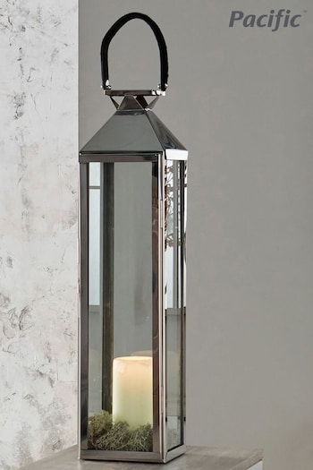 Pacific Silver/White Shiny Nickel Stainless Steel Large Glass Square Lantern (U88894) | £200