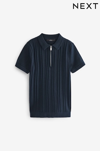 Navy Short Sleeve Textured Zip Neck Silk Polo Shirt (3-16yrs) (U88952) | £13 - £18