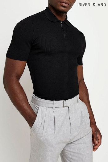 River Island Black Muscle Fit Knitted Polo Shirt (U89023) | £29