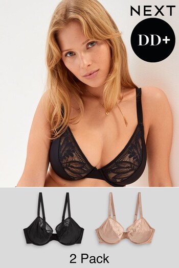 Black/Nude DD+ Non Pad Plunge Lace Detail Bras 2 Pack (U89180) | £30