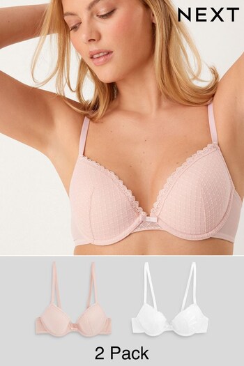 White/Pink Pad Plunge Embroidered Bras 2 Pack (U89194) | £25