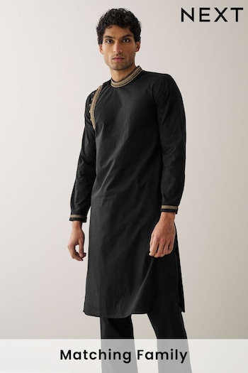 Black Long Length Embroidered Mens Kurta (U89983) | £35