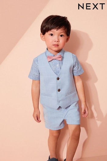 Blue Floral 4pc Waistcoat, Shirt, Shorts & Bow Tie Set (3mths-9yrs) (U90264) | £37 - £43