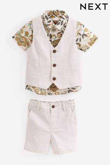Ecru Tropical Print 3pc Waistcoat, Shirt & Shorts Set (3mths-9yrs) (U90278) | £39 - £45