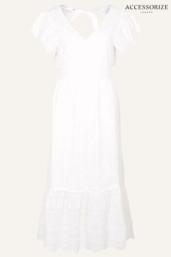 Accessorize White Flutter Sleeve Tie Back Midi Dress (U90781) | £55