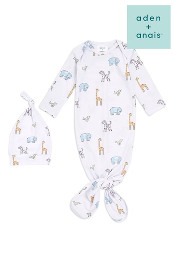 Aden + Anais White Comfort Jungle Jammin Knit Knotted Gown And Hat Gift Set (U91647) | £28