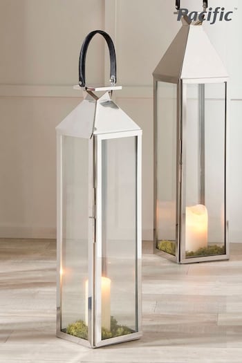 Pacific Silver/White Shiny Nickel Stainless Steel Medium Glass Square Lantern (U92198) | £175