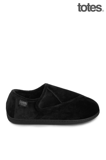 Totes Black Isotoner Mens Velour Closed Back Slippers With Velcro Opening (U92222) | £30