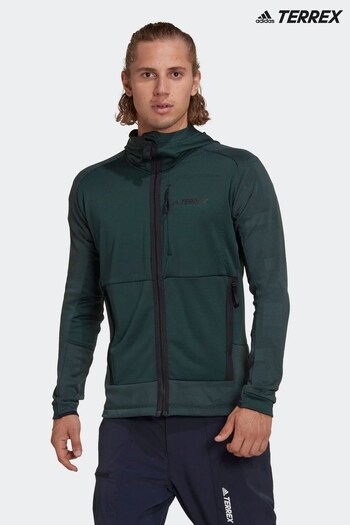 adidas Green Terrex Tech Flooce Hooded Hiking Fleece Jacket (U92646) | £120