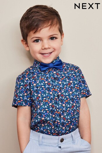 Navy Blue Ditsy Floral Short Sleeve Shirt & Bow Tie Set (3mths-7yrs) (U92840) | £16 - £18