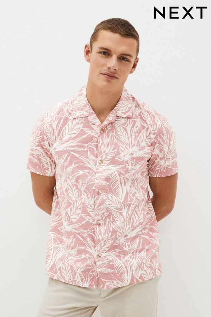 Pink/White Hawaiian Printed Cuban Collar Short Sleeve Shirt (U93022) | £30