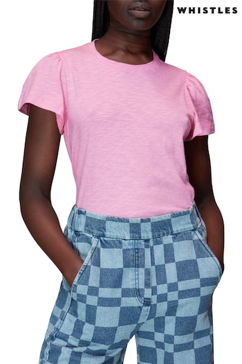 Whistles Pink Cotton Frill Sleeve T-Shirt (U93279) | £39