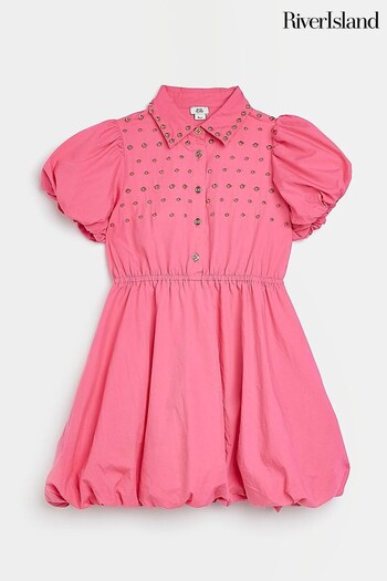 River Island Girls Pink Stud Puffball Shirt Dress (U93378) | £30 - £40