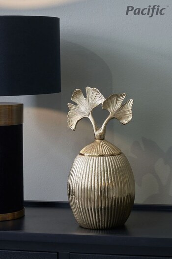 Pacific Gold Ribbed Metal Tall Pot With Gingko Leaf Lid (U94151) | £65