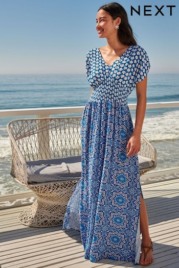 Blue Tile Print Shirred Waist V-Neck Sleeveless Maxi Dress (U94467) | £36