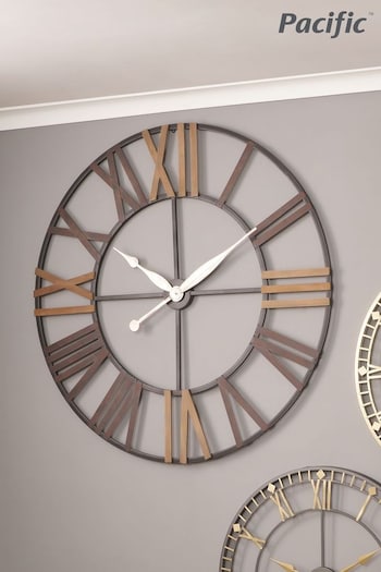 Pacific Grey Antique Metal and Wood Round Wall Clock (U94845) | £200
