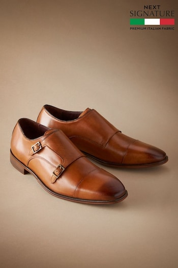 Tan Brown Signature Italian Leather Double Monk Shoes stays (U95471) | £79
