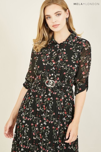 Mela Black Ditsy Floral Pleated Midi Dress (U95797) | £45