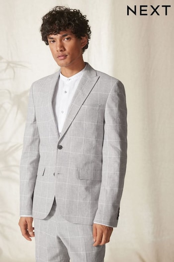 Light Grey Slim Fit Linen Blend Check Suit Jacket (U95954) | £110