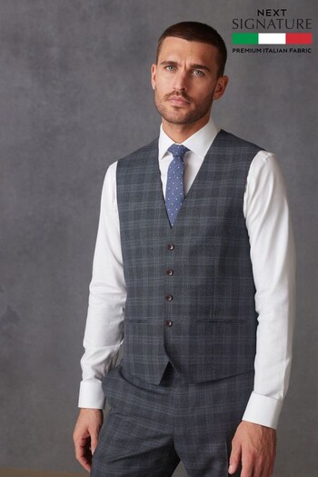 Charcoal Grey Slim Signature Marzotto Italian Fabric Check Suit Waistcoat (U95991) | £90