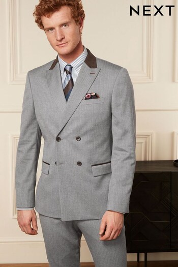 Grey Slim Fit Trimmed Herringbone Suit Jacket (U96024) | £84