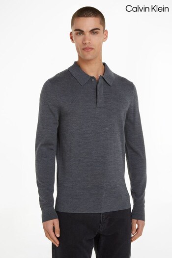 Calvin Klein Grey Merino Wool Polo Sweat Tops (U96149) | £140