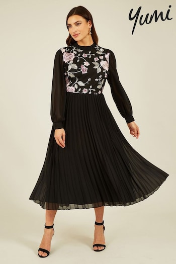 Yumi Black Long Sleeve Embroidered Midi Dress With Pleats (U96713) | £65