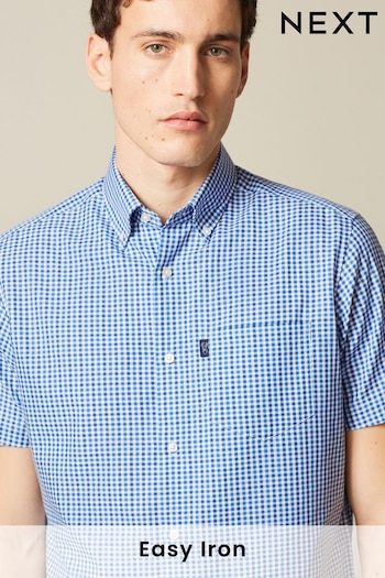 Blue Gingham Regular Fit Short Sleeve Easy Iron Button Down Oxford Shirt (U97919) | £20