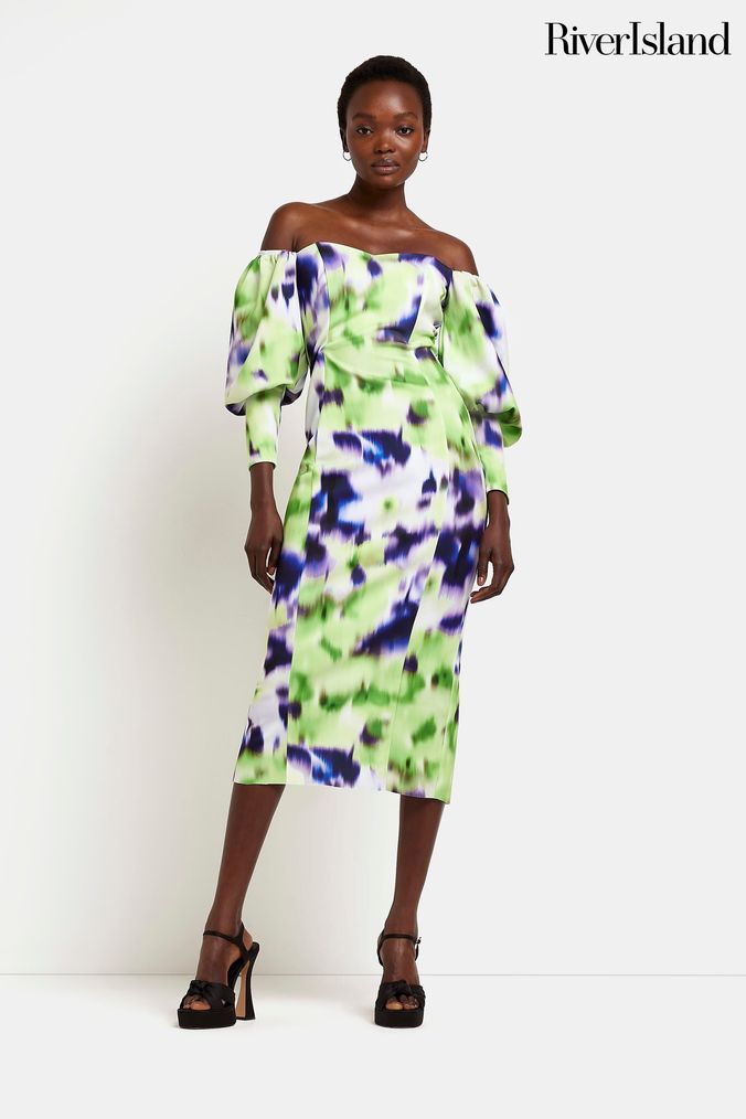 Puff sleeve bardot best sale dress