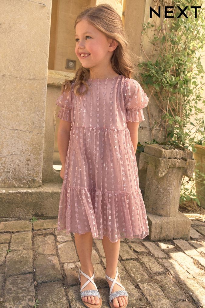 Pink Sparkle Mesh Short Sleeve Tiered Party Dress (3-16yrs) (U99666) | £24 - £30