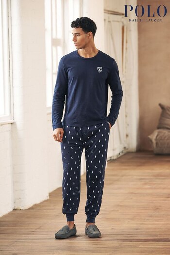Polo Ralph Lauren Navy Blue Long Sleeve Logo Pyjama Set (UBR183) | £135