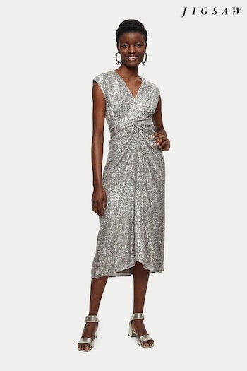 Jigsaw Silver Sequin Ruched Midi Dress (UCL521) | £250