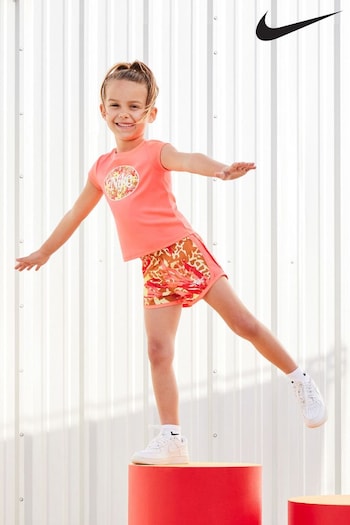 Nike Pink/Orange Little Kids Floral DriFIT T-Shirt and Shorts Set (UGJ064) | £35