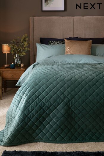Teal Green Hamilton Velvet Quilted Bedspread (UJ3179) | £60 - £100