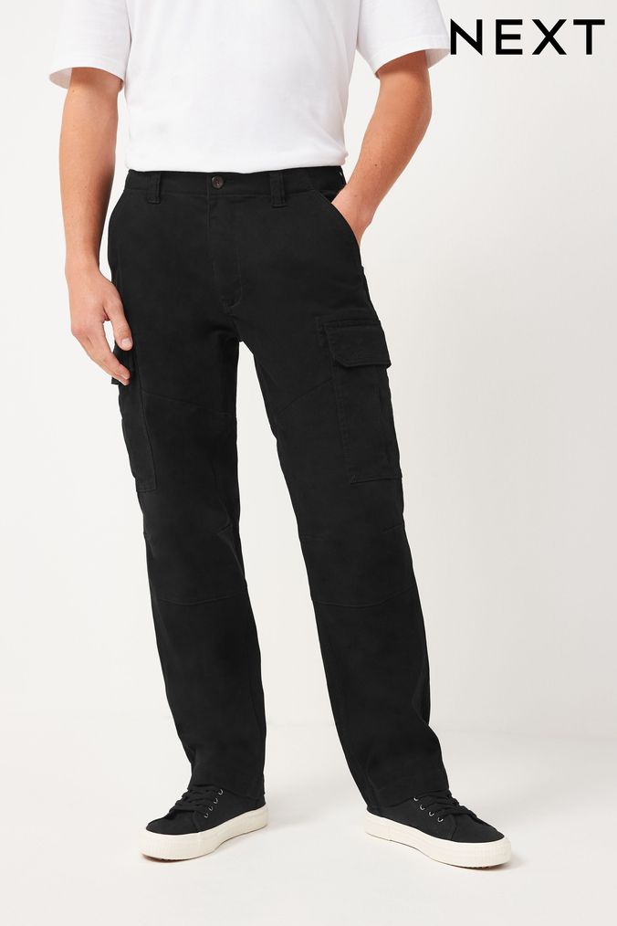 Black Cotton Stretch Straight Fit Cargo Trousers (UP6465) | £28