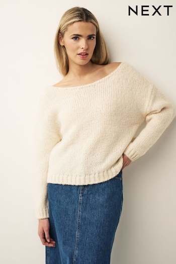 Ecru White Off The Shoulder Relaxed Jumper (UUE472) | £32