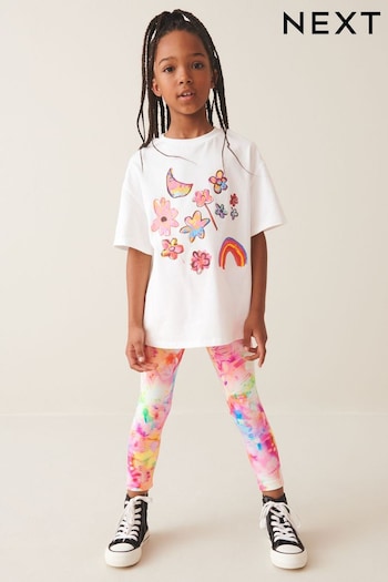 White/Pink Doodle Oversized T-Shirt And Leggings Set (3-16yrs) (UVW489) | £18 - £24