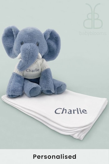 Babyblooms Personalised Elephant White Soft Toy with Snuggle Wrap Gift Set (UYC825) | £56
