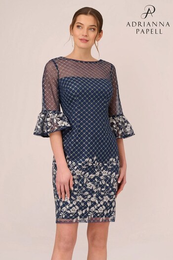 Adrianna Papell Blue Border Embroidery Sheath Dress (UZN252) | £149