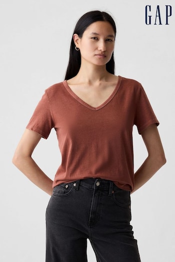 Gap Brown Organic Cotton Vintage Short Sleeve V Neck T-Shirt (V69036) | £18