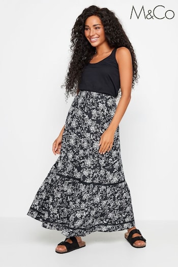 M&Co Blue Petite Black & White Damask Print Tiered Maxi Skirt (V73162) | £37