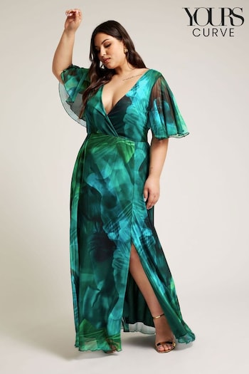 Yours Curve Green Wrap Angel Sleeve Mesh Maxi Dress (W12680) | £70