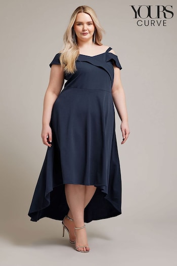 YOURS LONDON Curve Navy Blue Black Bardot Dipped Hem Dress (W16012) | £50