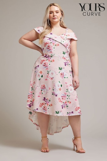 YOURS LONDON Curve Pink Black Bardot Dipped Hem Dress (W83516) | £53