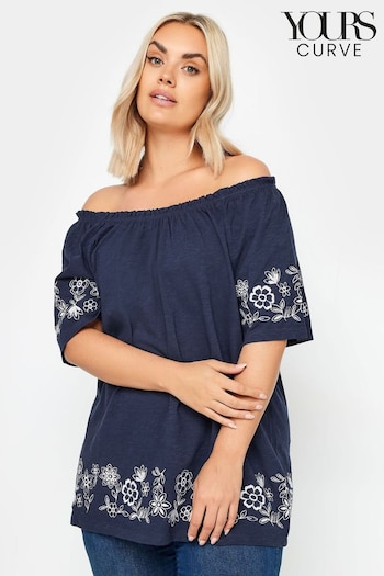 Yours Curve Blue Black Embroidered Detail Bardot Top (Y02558) | £26